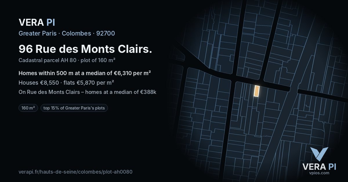 96 Rue des Monts Clairs, Colombes at night – the plot lit, the parcels around coloured by the prices near them