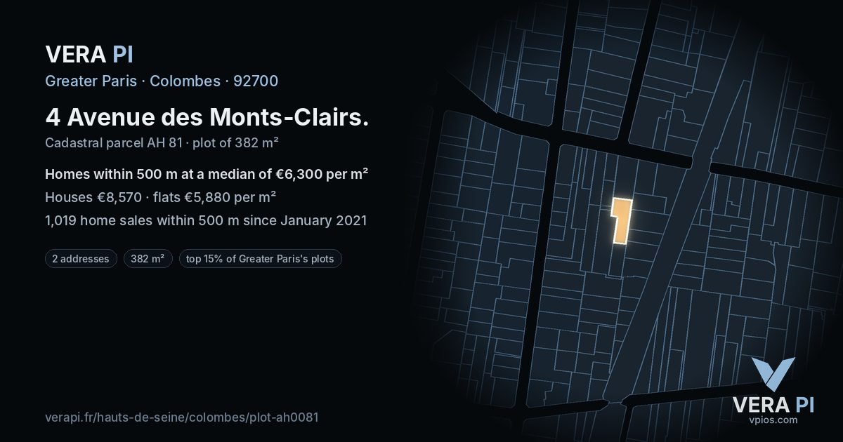 4 Avenue des Monts-Clairs, Colombes at night – the plot lit, the parcels around coloured by the prices near them