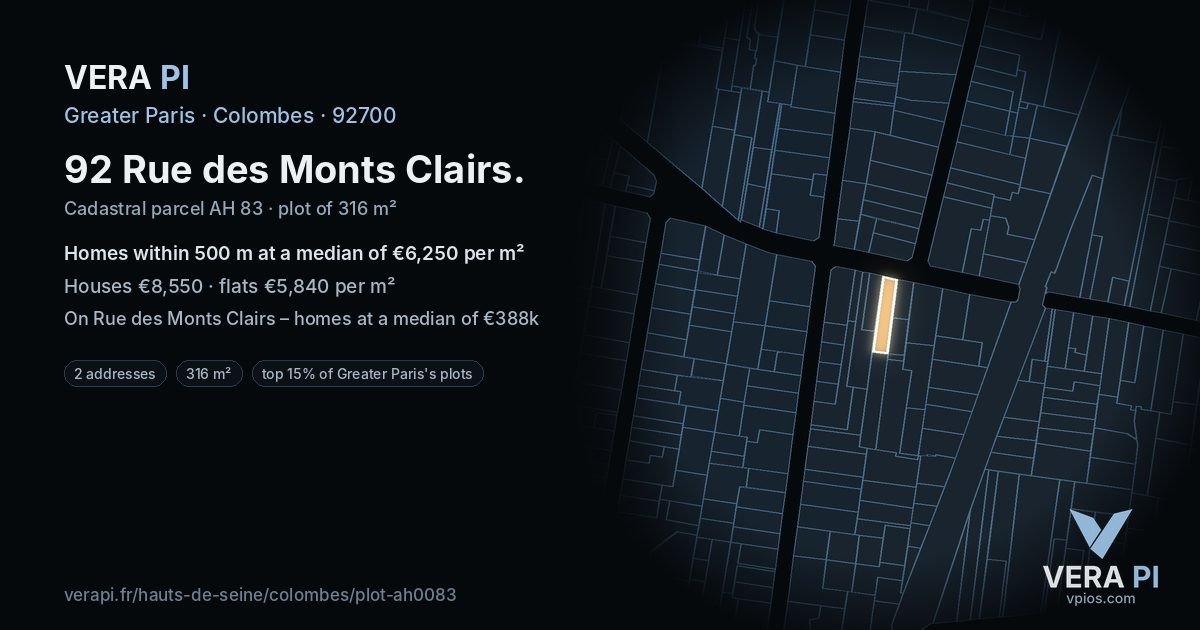 92 Rue des Monts Clairs, Colombes at night – the plot lit, the parcels around coloured by the prices near them