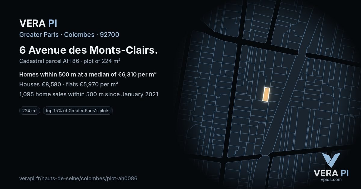 6 Avenue des Monts-Clairs, Colombes at night – the plot lit, the parcels around coloured by the prices near them