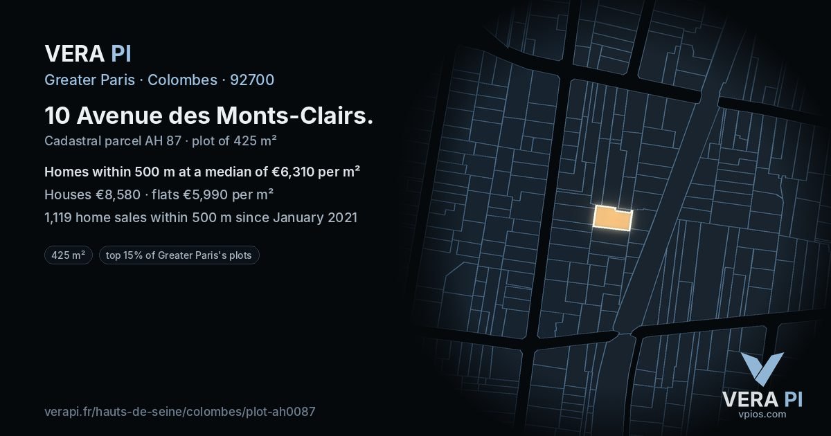 10 Avenue des Monts-Clairs, Colombes at night – the plot lit, the parcels around coloured by the prices near them