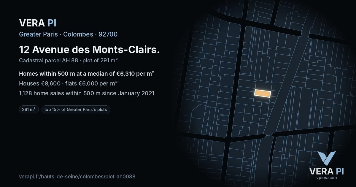 12 Avenue des Monts-Clairs, Colombes at night – the plot lit, the parcels around coloured by the prices near them