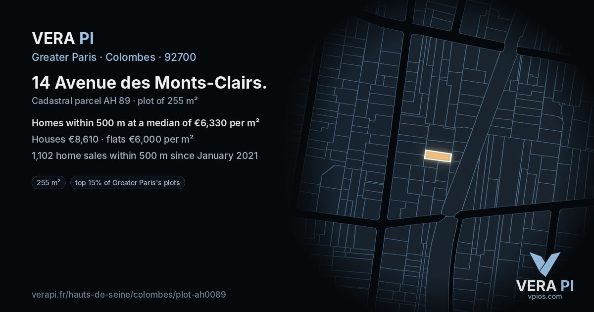 14 Avenue des Monts-Clairs, Colombes at night – the plot lit, the parcels around coloured by the prices near them