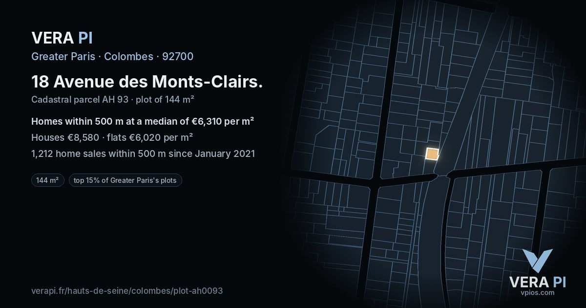 18 Avenue des Monts-Clairs, Colombes at night – the plot lit, the parcels around coloured by the prices near them
