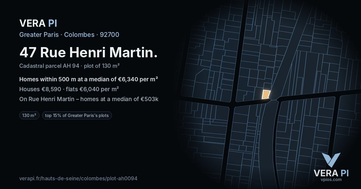 47 Rue Henri Martin, Colombes at night – the plot lit, the parcels around coloured by the prices near them