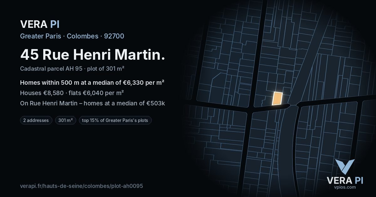 45 Rue Henri Martin, Colombes at night – the plot lit, the parcels around coloured by the prices near them
