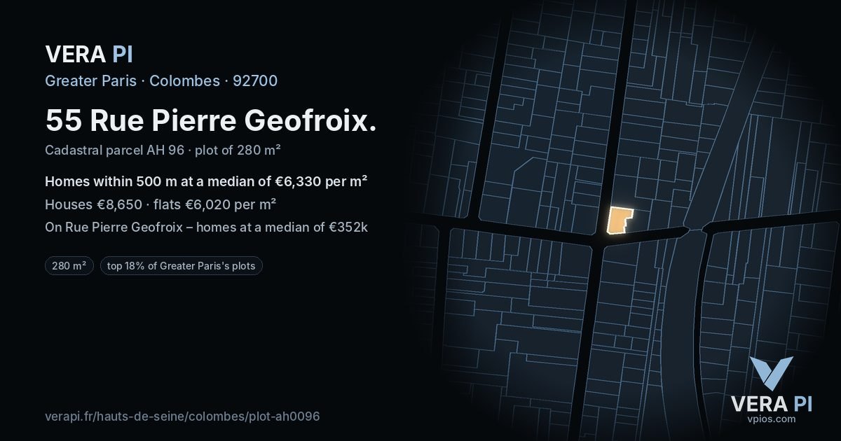 55 Rue Pierre Geofroix, Colombes at night – the plot lit, the parcels around coloured by the prices near them