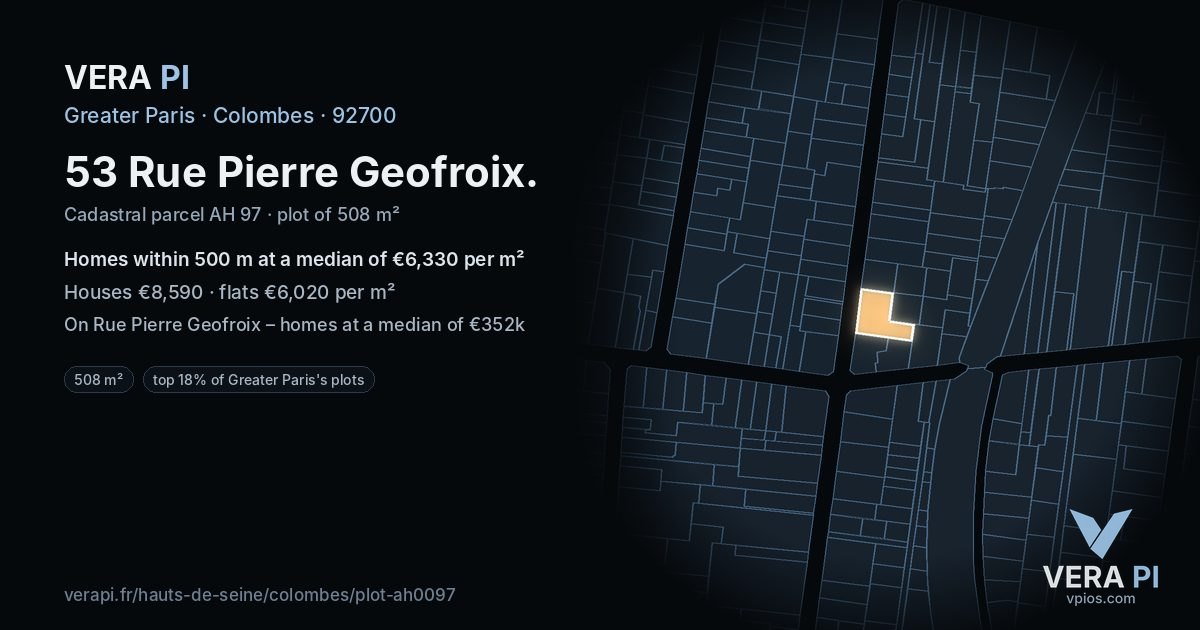 53 Rue Pierre Geofroix, Colombes at night – the plot lit, the parcels around coloured by the prices near them