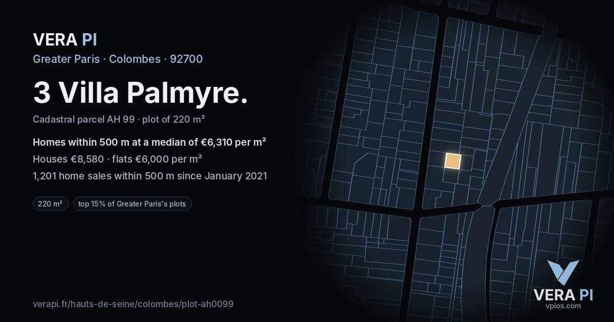 3 Villa Palmyre, Colombes at night – the plot lit, the parcels around coloured by the prices near them