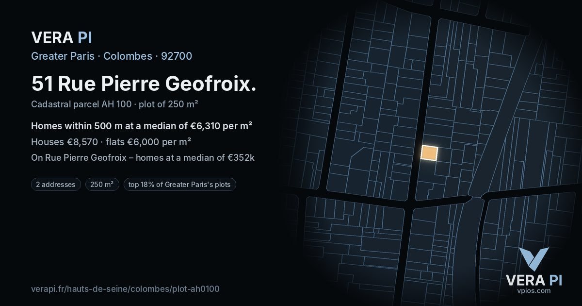 51 Rue Pierre Geofroix, Colombes at night – the plot lit, the parcels around coloured by the prices near them