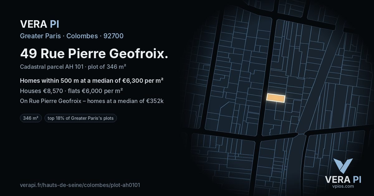49 Rue Pierre Geofroix, Colombes at night – the plot lit, the parcels around coloured by the prices near them