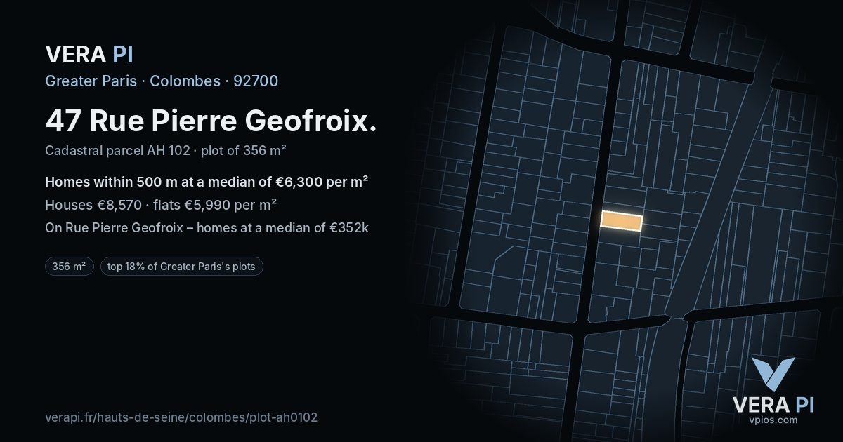 47 Rue Pierre Geofroix, Colombes at night – the plot lit, the parcels around coloured by the prices near them