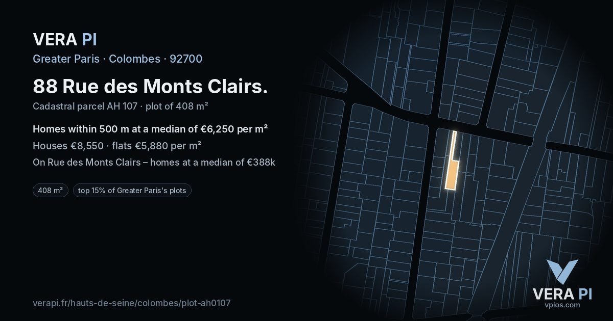 88 Rue des Monts Clairs, Colombes at night – the plot lit, the parcels around coloured by the prices near them