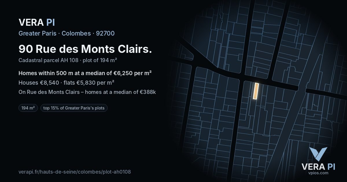 90 Rue des Monts Clairs, Colombes at night – the plot lit, the parcels around coloured by the prices near them