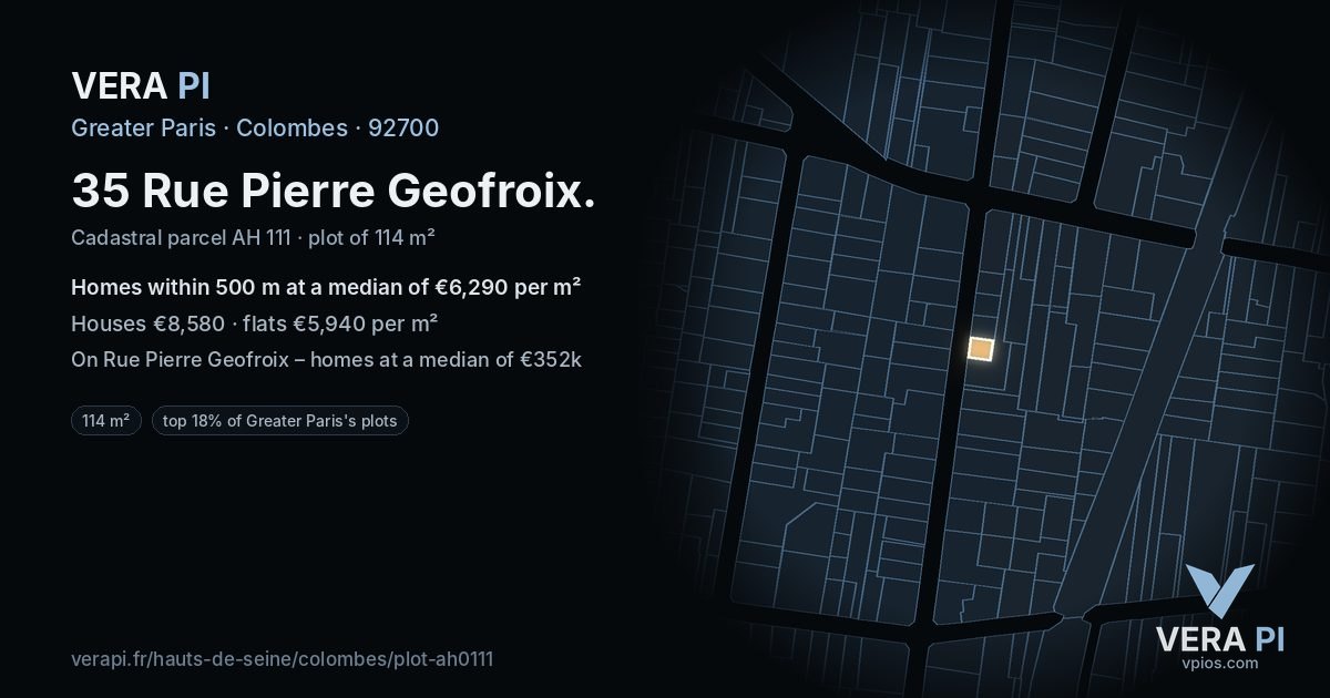 35 Rue Pierre Geofroix, Colombes at night – the plot lit, the parcels around coloured by the prices near them