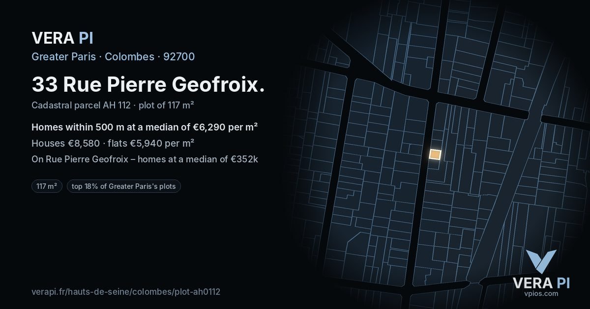 33 Rue Pierre Geofroix, Colombes at night – the plot lit, the parcels around coloured by the prices near them
