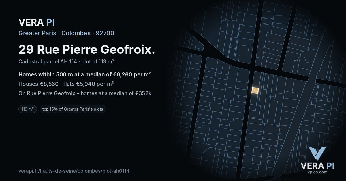 29 Rue Pierre Geofroix, Colombes at night – the plot lit, the parcels around coloured by the prices near them