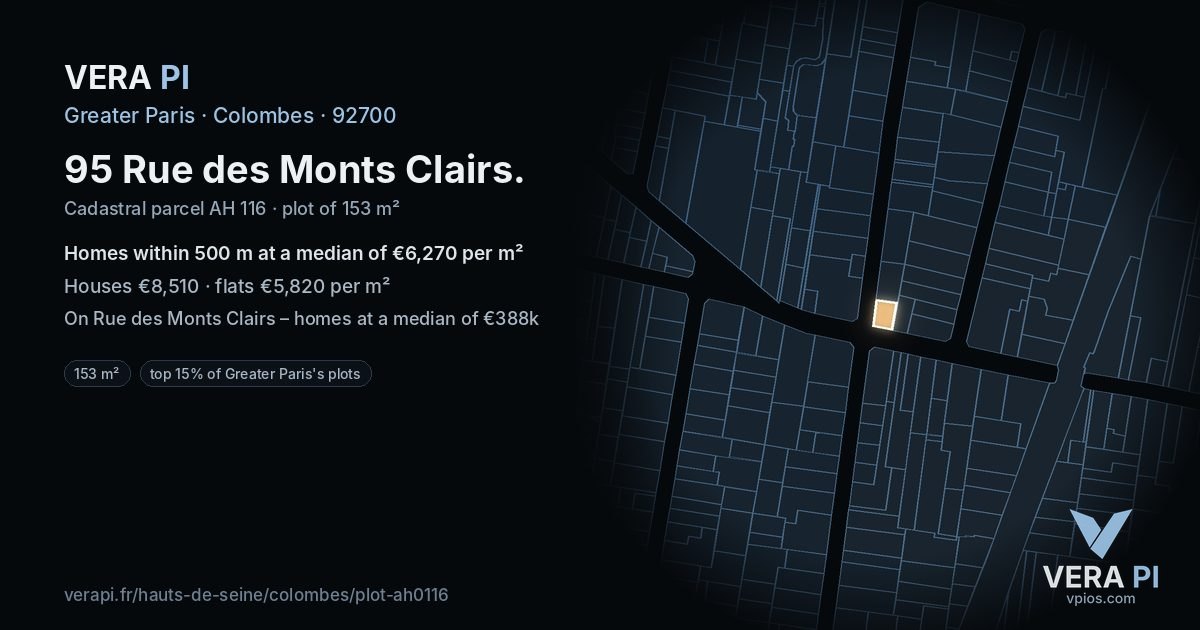 95 Rue des Monts Clairs, Colombes at night – the plot lit, the parcels around coloured by the prices near them