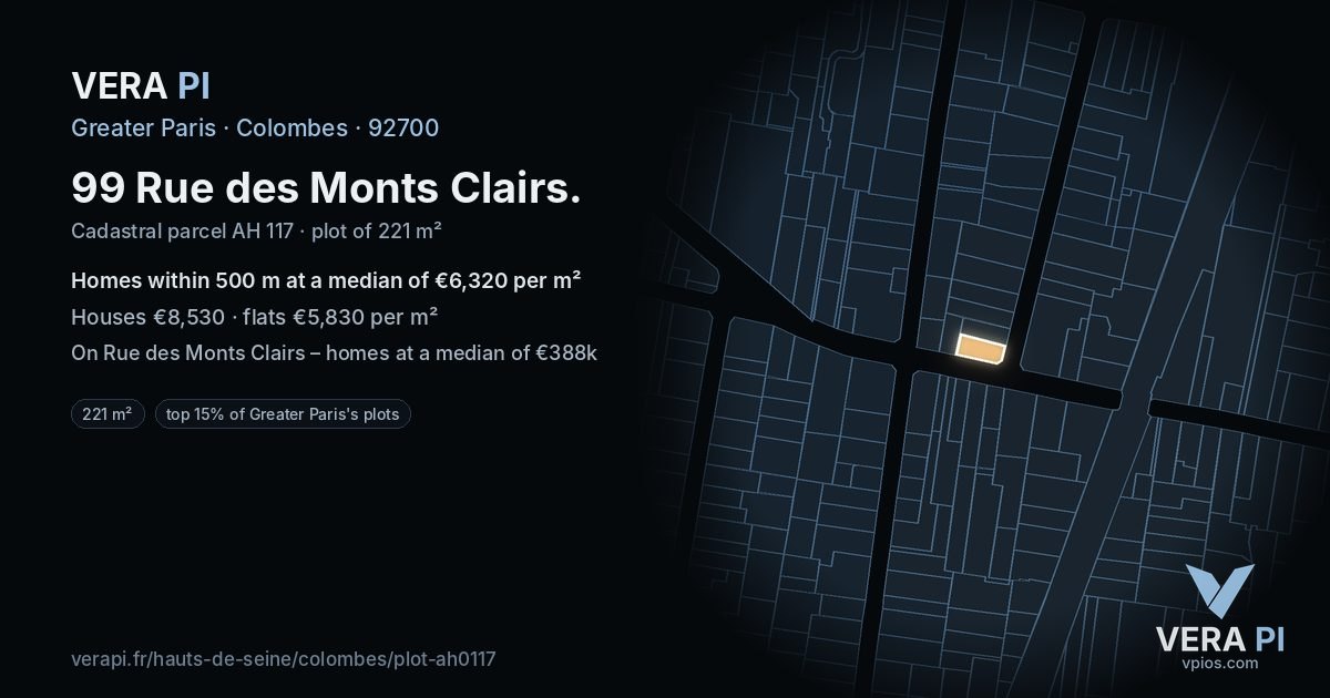 99 Rue des Monts Clairs, Colombes at night – the plot lit, the parcels around coloured by the prices near them
