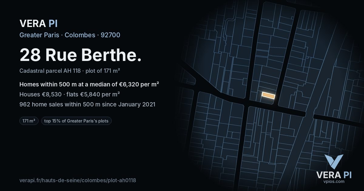 28 Rue Berthe, Colombes at night – the plot lit, the parcels around coloured by the prices near them