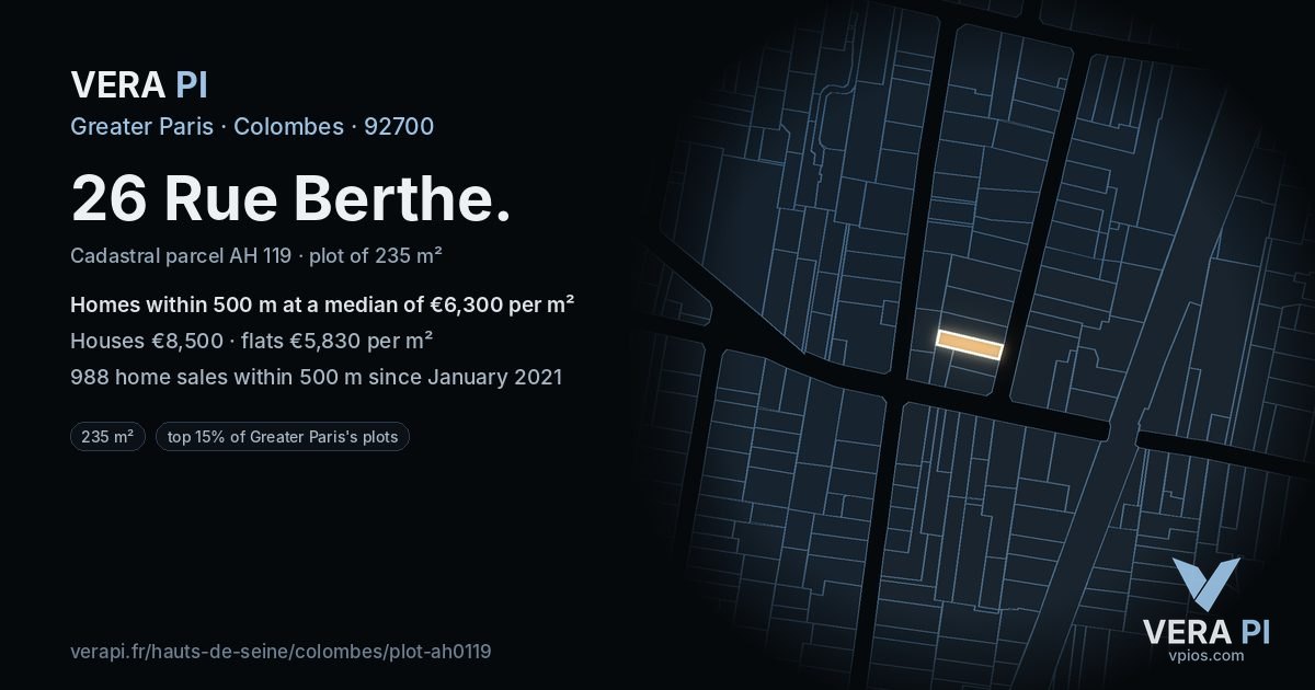 26 Rue Berthe, Colombes at night – the plot lit, the parcels around coloured by the prices near them