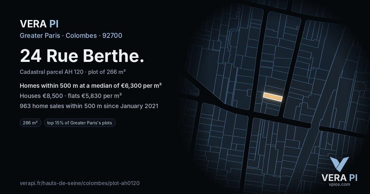 24 Rue Berthe, Colombes at night – the plot lit, the parcels around coloured by the prices near them