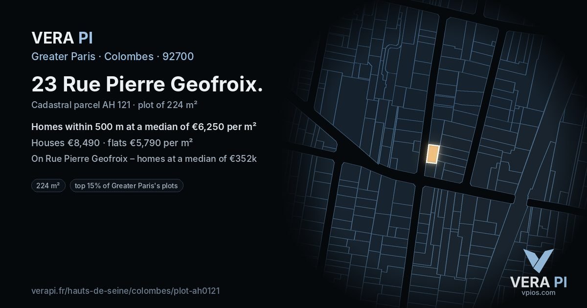 23 Rue Pierre Geofroix, Colombes at night – the plot lit, the parcels around coloured by the prices near them