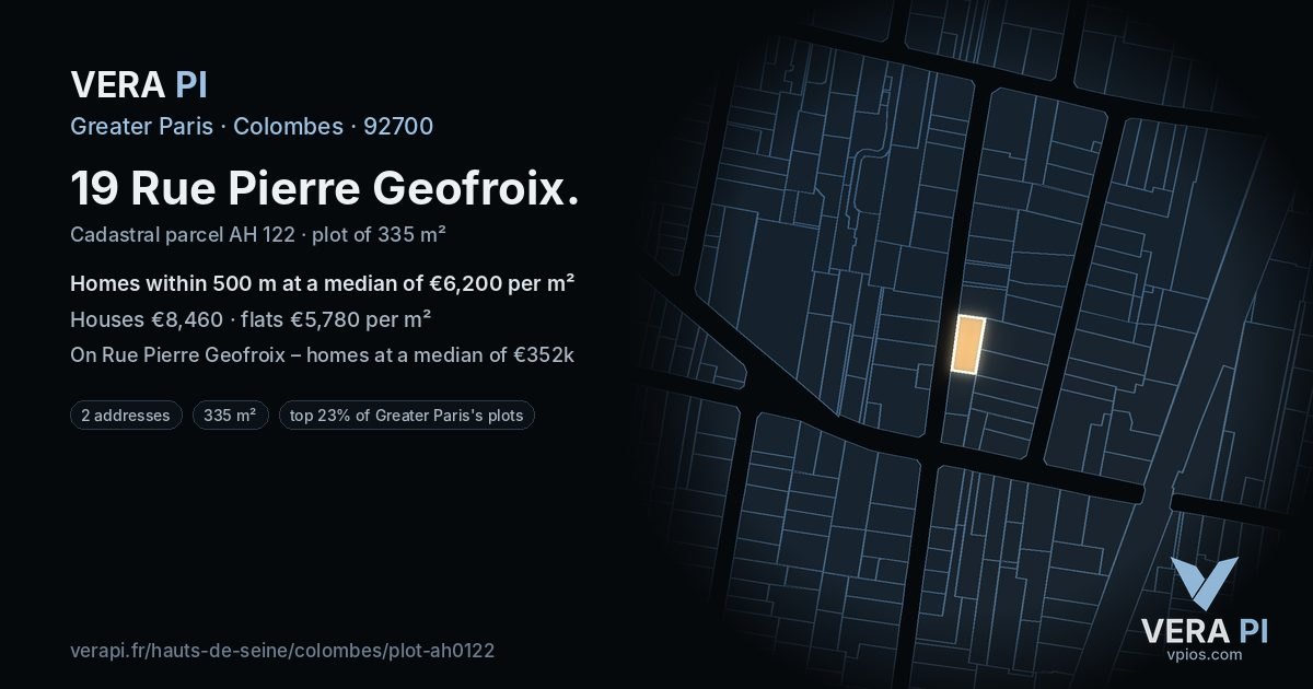 19 Rue Pierre Geofroix, Colombes at night – the plot lit, the parcels around coloured by the prices near them