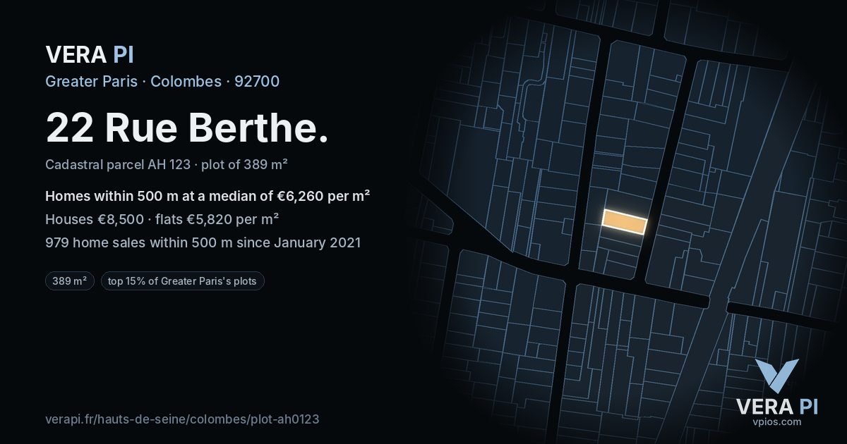 22 Rue Berthe, Colombes at night – the plot lit, the parcels around coloured by the prices near them