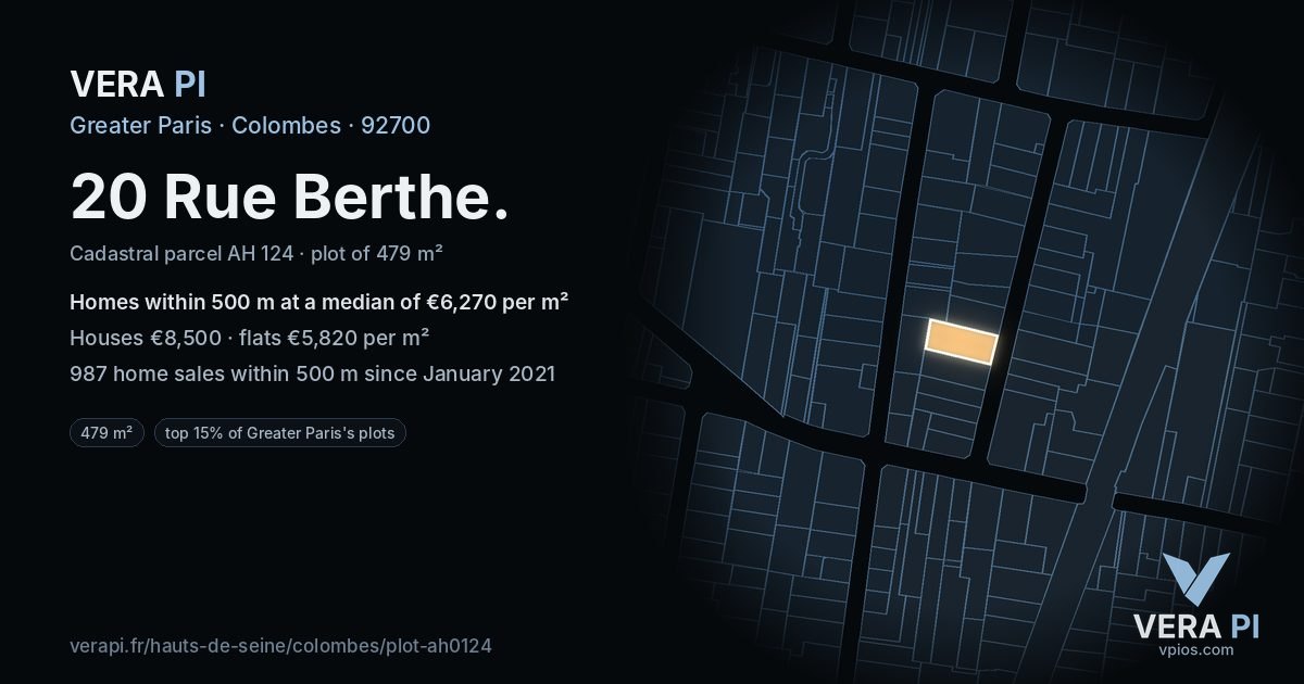 20 Rue Berthe, Colombes at night – the plot lit, the parcels around coloured by the prices near them