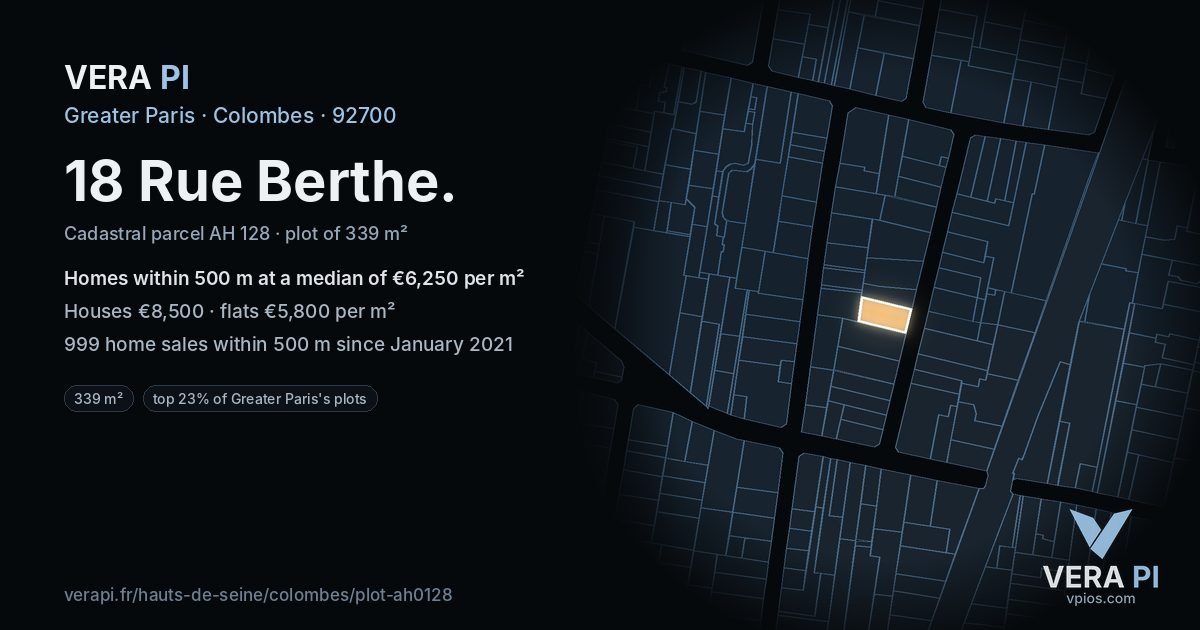18 Rue Berthe, Colombes at night – the plot lit, the parcels around coloured by the prices near them
