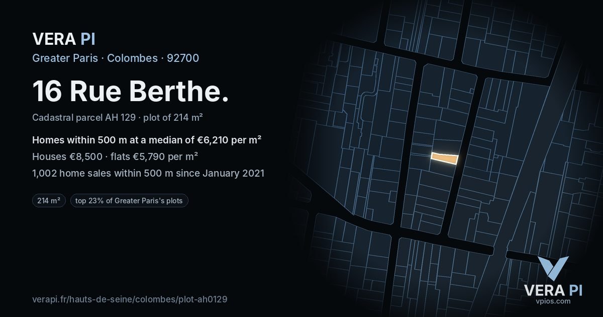16 Rue Berthe, Colombes at night – the plot lit, the parcels around coloured by the prices near them