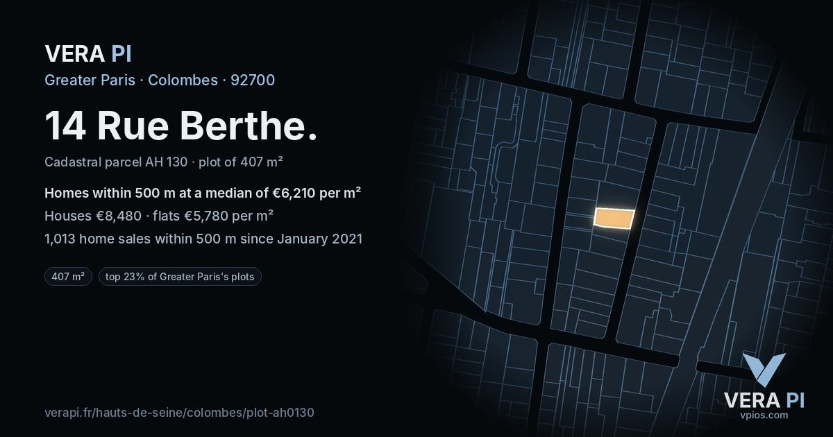 14 Rue Berthe, Colombes at night – the plot lit, the parcels around coloured by the prices near them