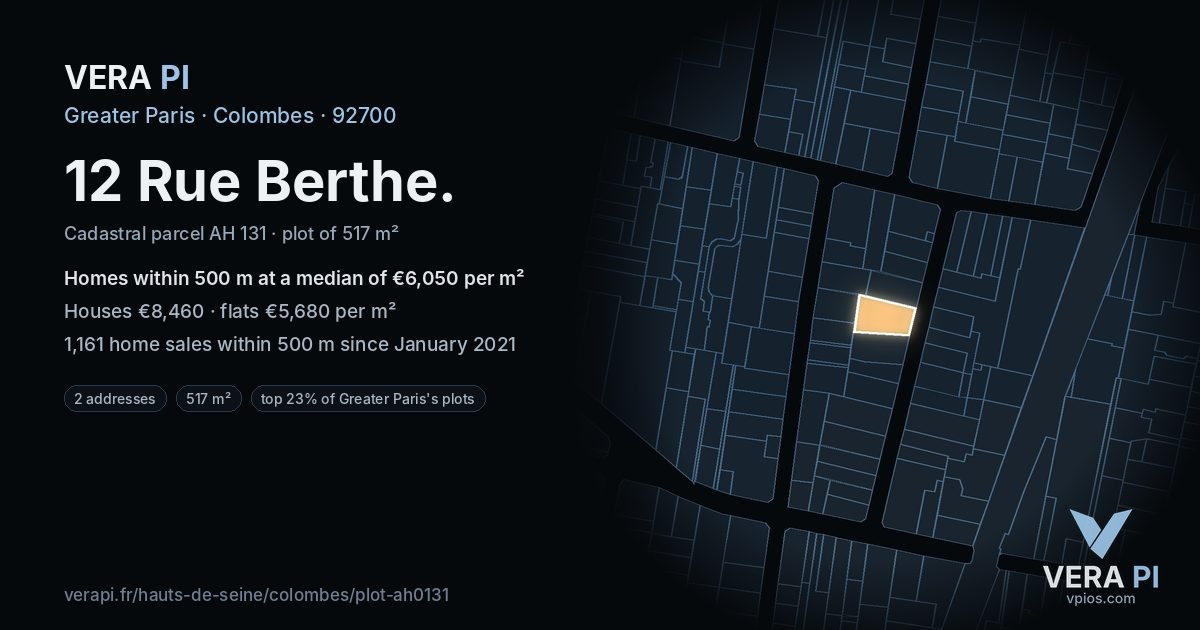 12 Rue Berthe, Colombes at night – the plot lit, the parcels around coloured by the prices near them