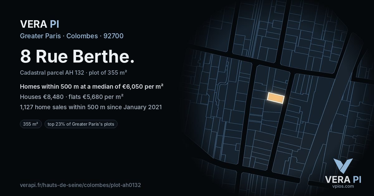 8 Rue Berthe, Colombes at night – the plot lit, the parcels around coloured by the prices near them