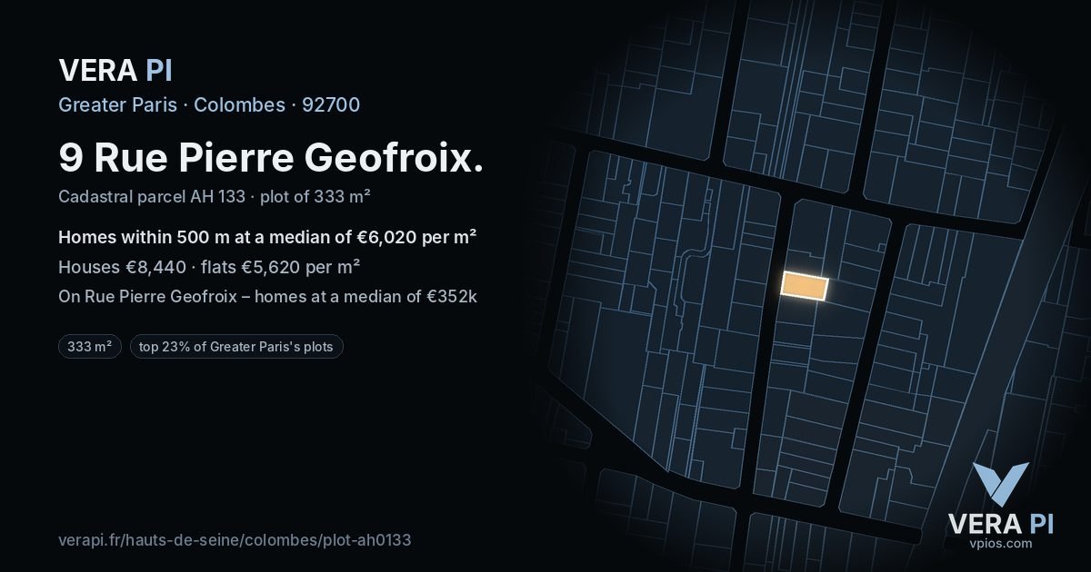 9 Rue Pierre Geofroix, Colombes at night – the plot lit, the parcels around coloured by the prices near them