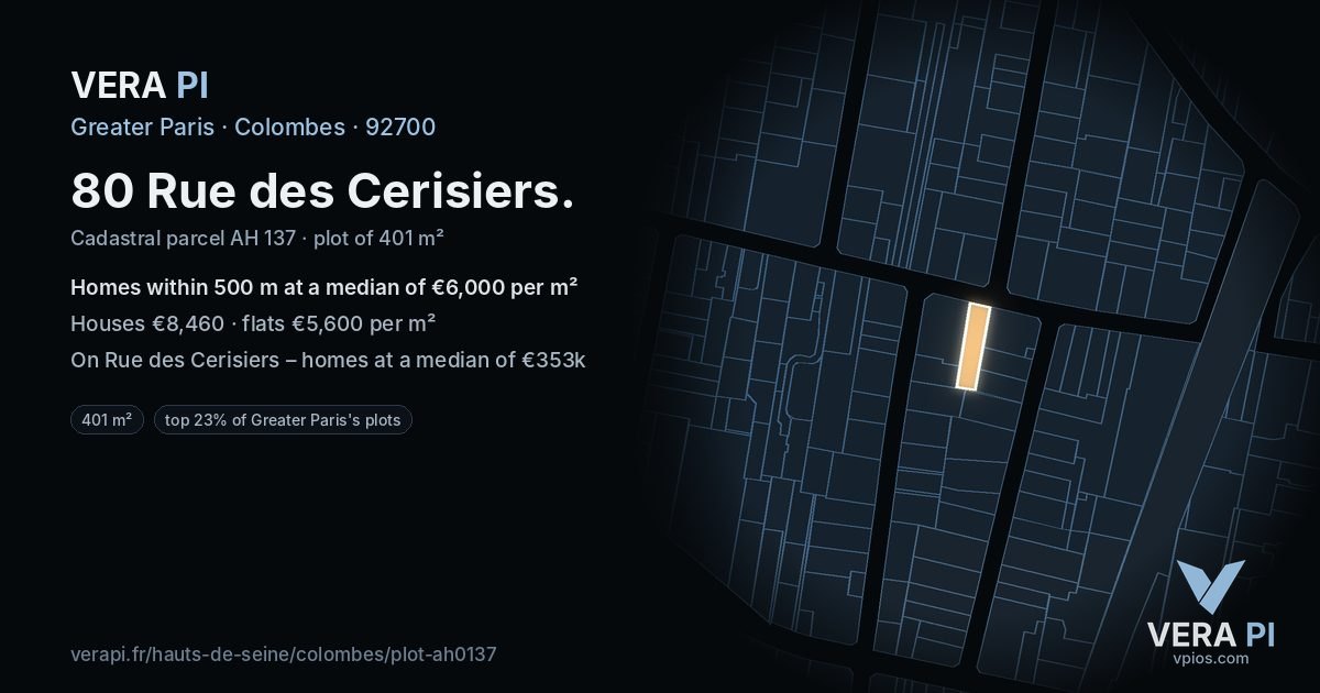 80 Rue des Cerisiers, Colombes at night – the plot lit, the parcels around coloured by the prices near them