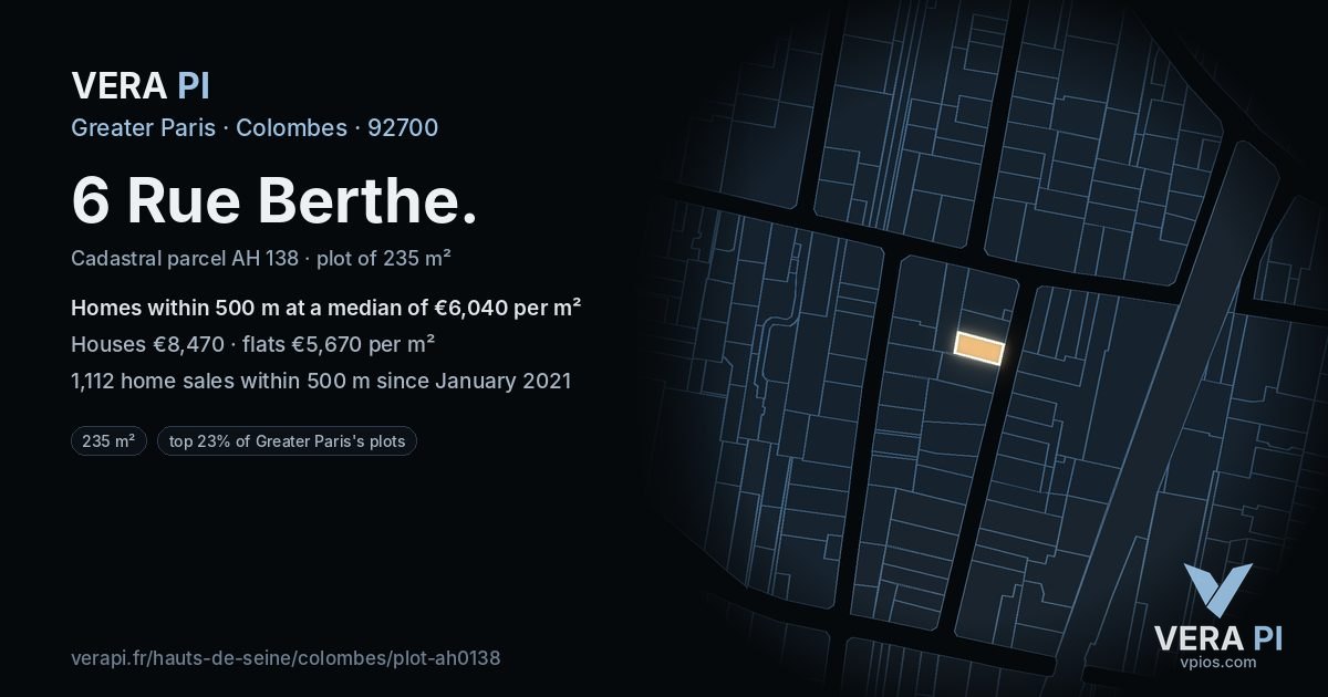 6 Rue Berthe, Colombes at night – the plot lit, the parcels around coloured by the prices near them