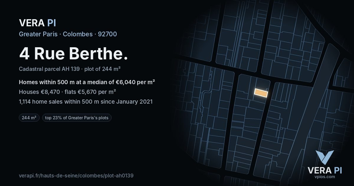 4 Rue Berthe, Colombes at night – the plot lit, the parcels around coloured by the prices near them