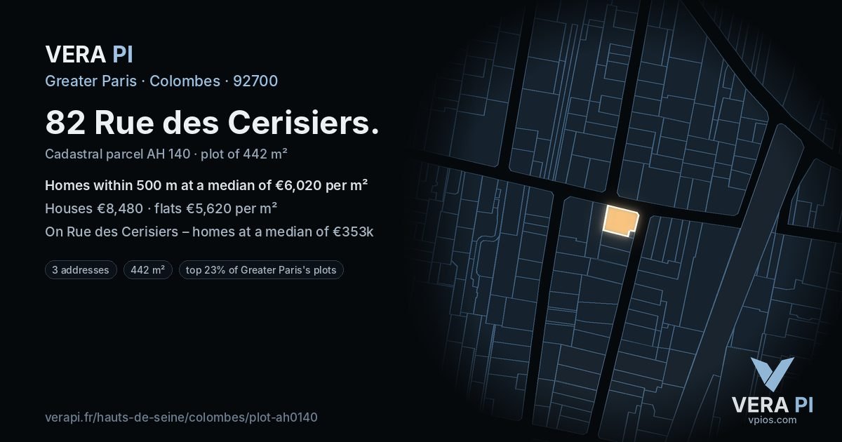 82 Rue des Cerisiers, Colombes at night – the plot lit, the parcels around coloured by the prices near them