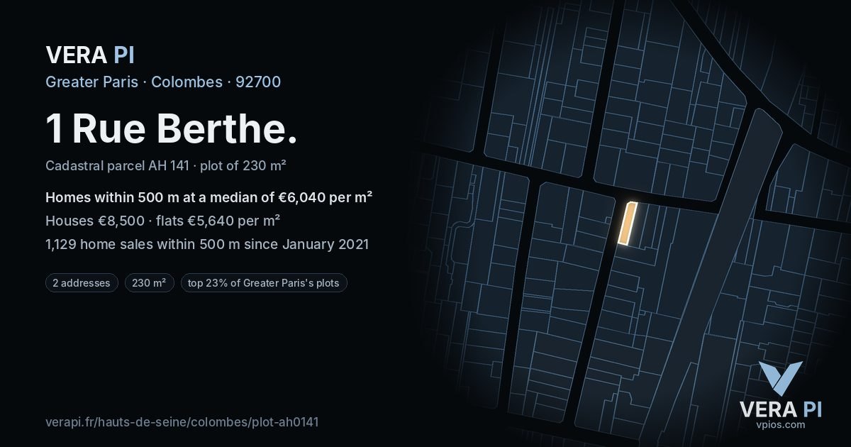 1 Rue Berthe, Colombes at night – the plot lit, the parcels around coloured by the prices near them