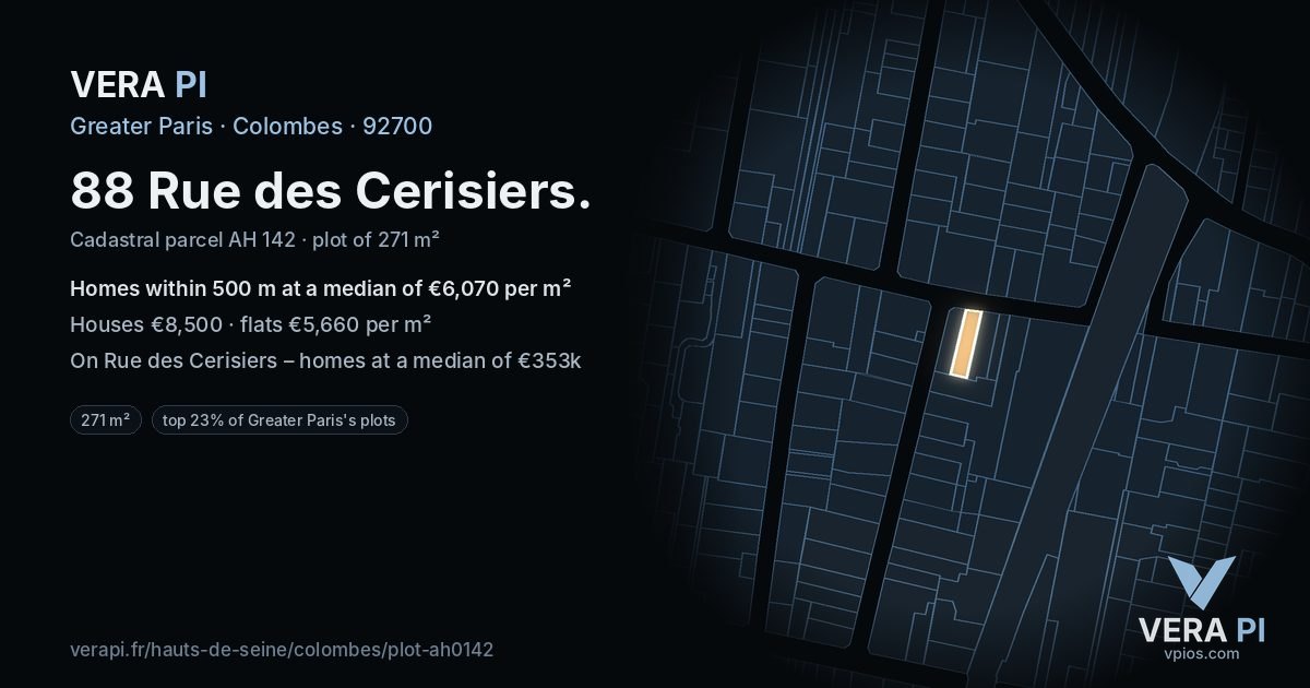 88 Rue des Cerisiers, Colombes at night – the plot lit, the parcels around coloured by the prices near them