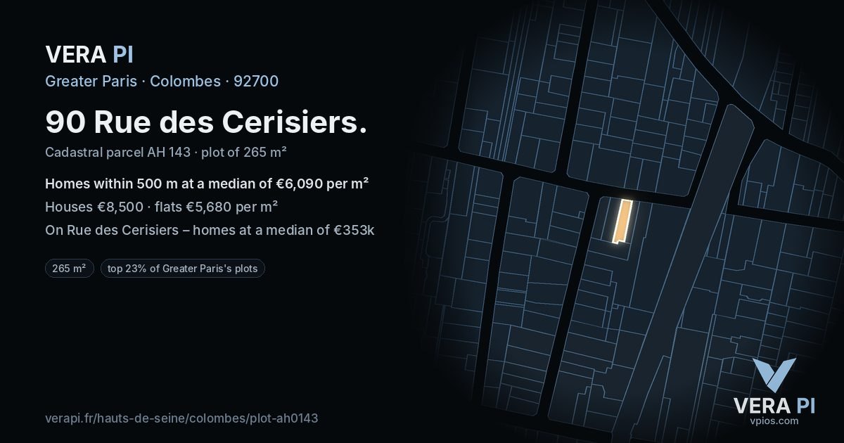90 Rue des Cerisiers, Colombes at night – the plot lit, the parcels around coloured by the prices near them