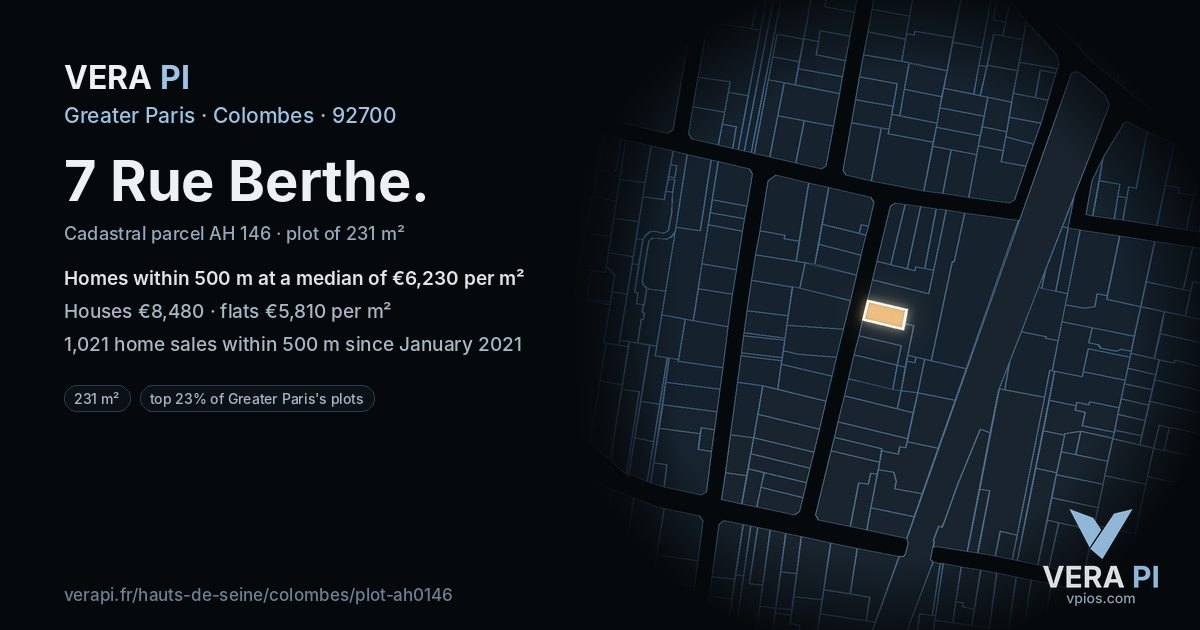 7 Rue Berthe, Colombes at night – the plot lit, the parcels around coloured by the prices near them