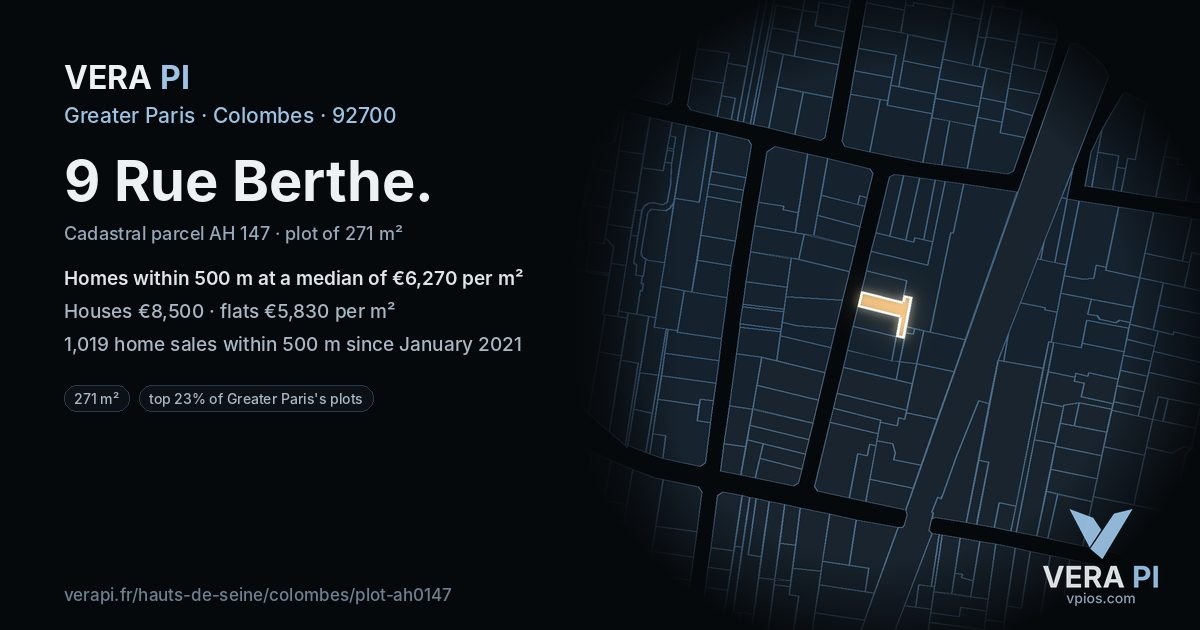 9 Rue Berthe, Colombes at night – the plot lit, the parcels around coloured by the prices near them