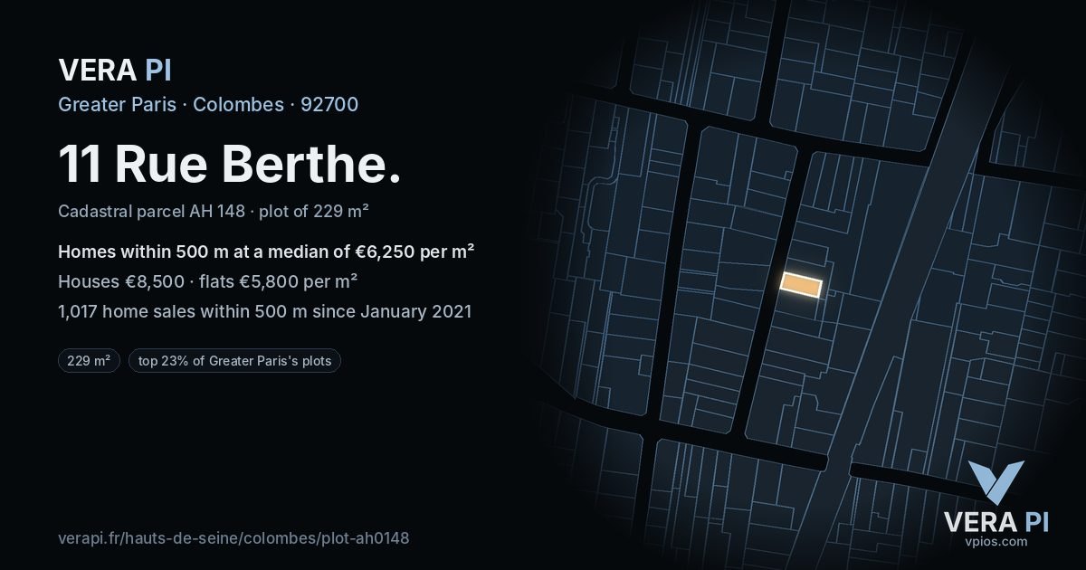 11 Rue Berthe, Colombes at night – the plot lit, the parcels around coloured by the prices near them