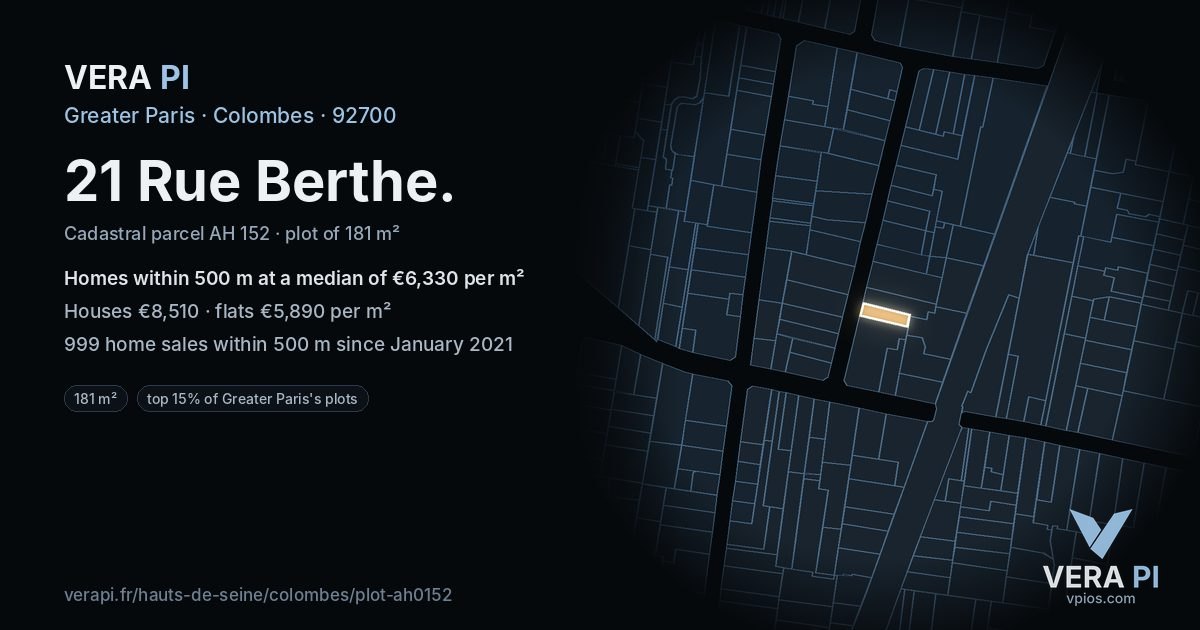 21 Rue Berthe, Colombes at night – the plot lit, the parcels around coloured by the prices near them