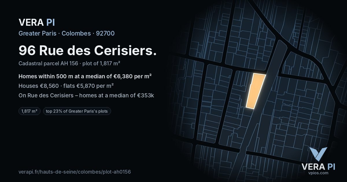 96 Rue des Cerisiers, Colombes at night – the plot lit, the parcels around coloured by the prices near them
