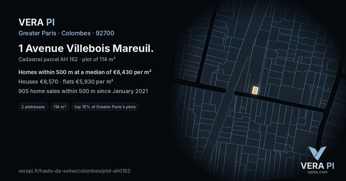 1 Avenue Villebois Mareuil, Colombes at night – the plot lit, the parcels around coloured by the prices near them