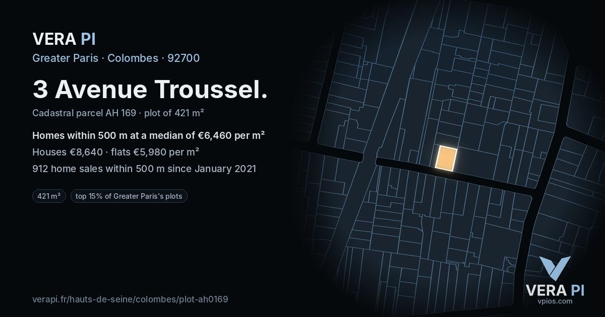 3 Avenue Troussel, Colombes at night – the plot lit, the parcels around coloured by the prices near them